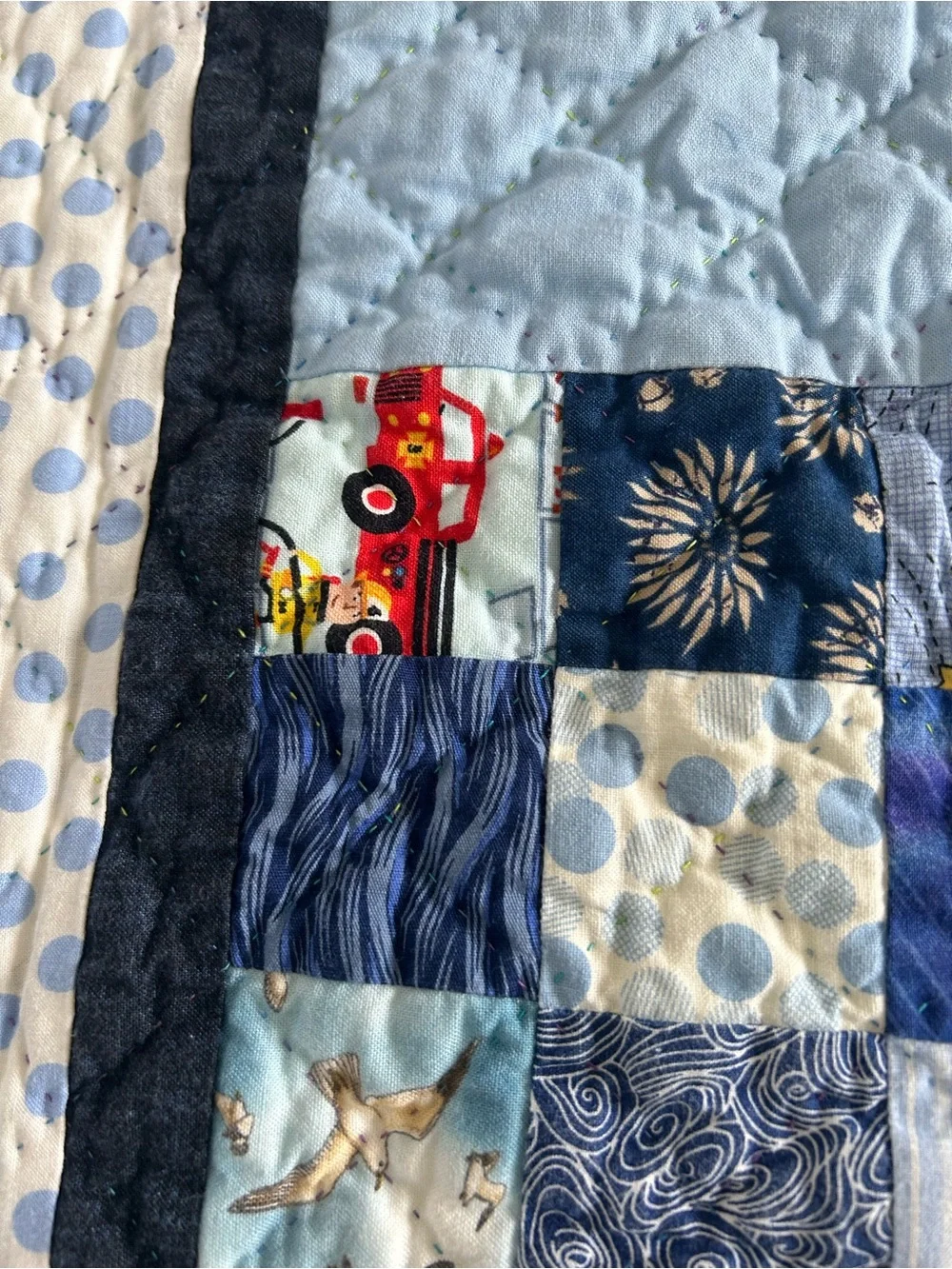 Hand stitched Blue Patchwork Baby Quilt. Size 37”x37”. Freshly laundered, ready